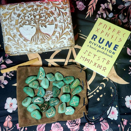 Green Aventurine Runes, Book, Altar Cloth and Box