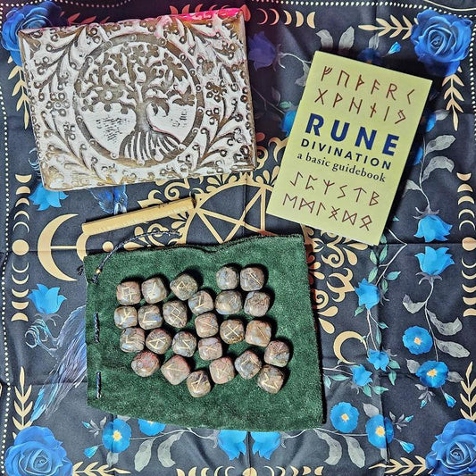 Que Sera Runes, book, Cloth and Palo Santo
